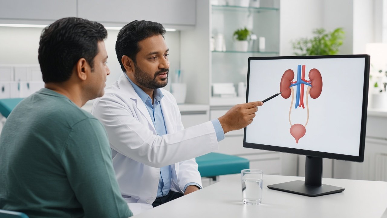 Urologist explaining kidney stone care to a patient at Samanwi Clinics, Saroornagar