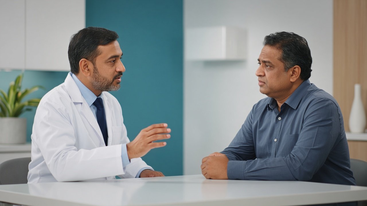 Urologist consulting a man about prostate health at Samanwi Clinics, Saroornagar